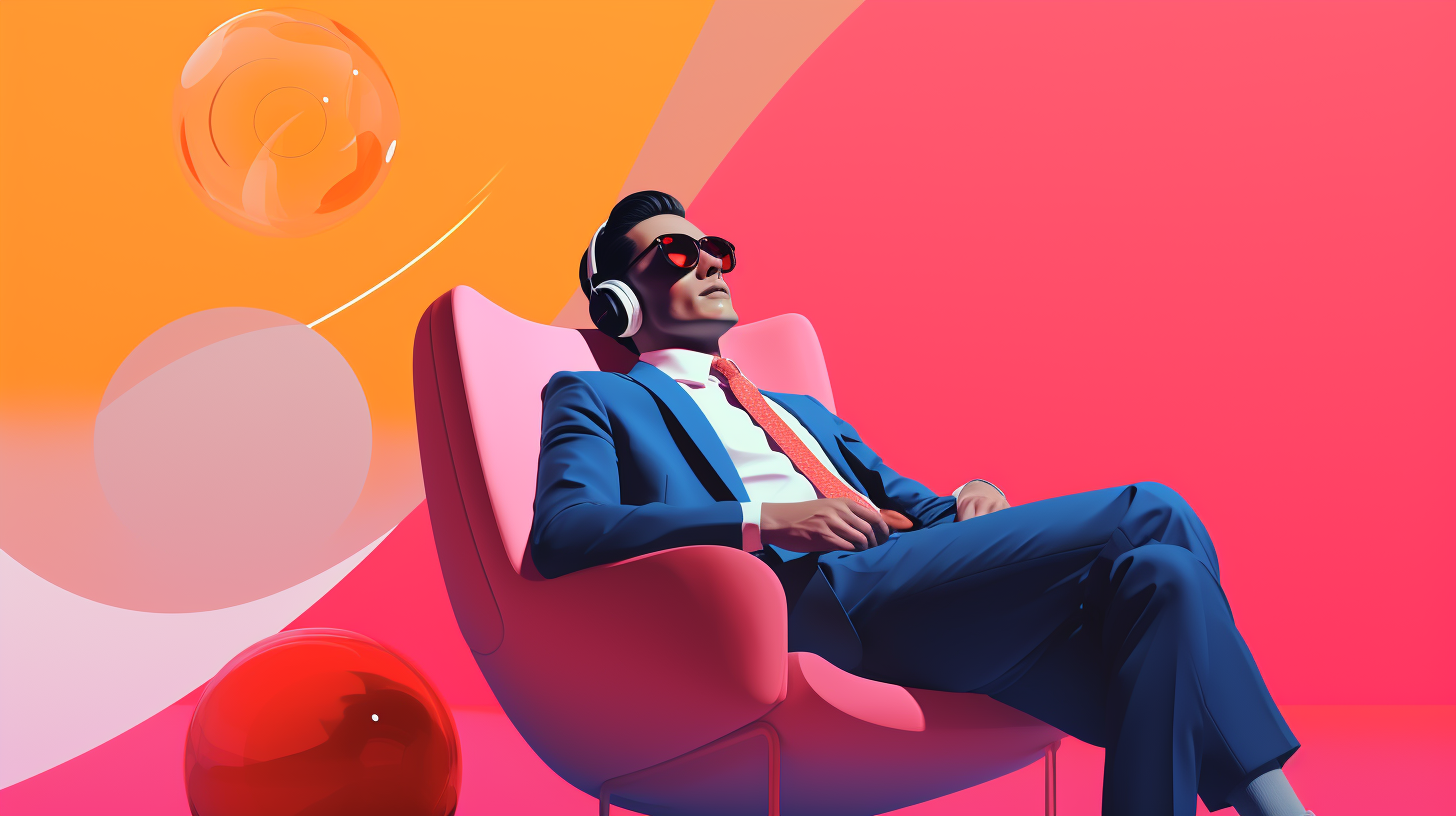 an pop art illustration of a man in a suit, wearing headphones, sitting relaxed on a chair. he meditates.