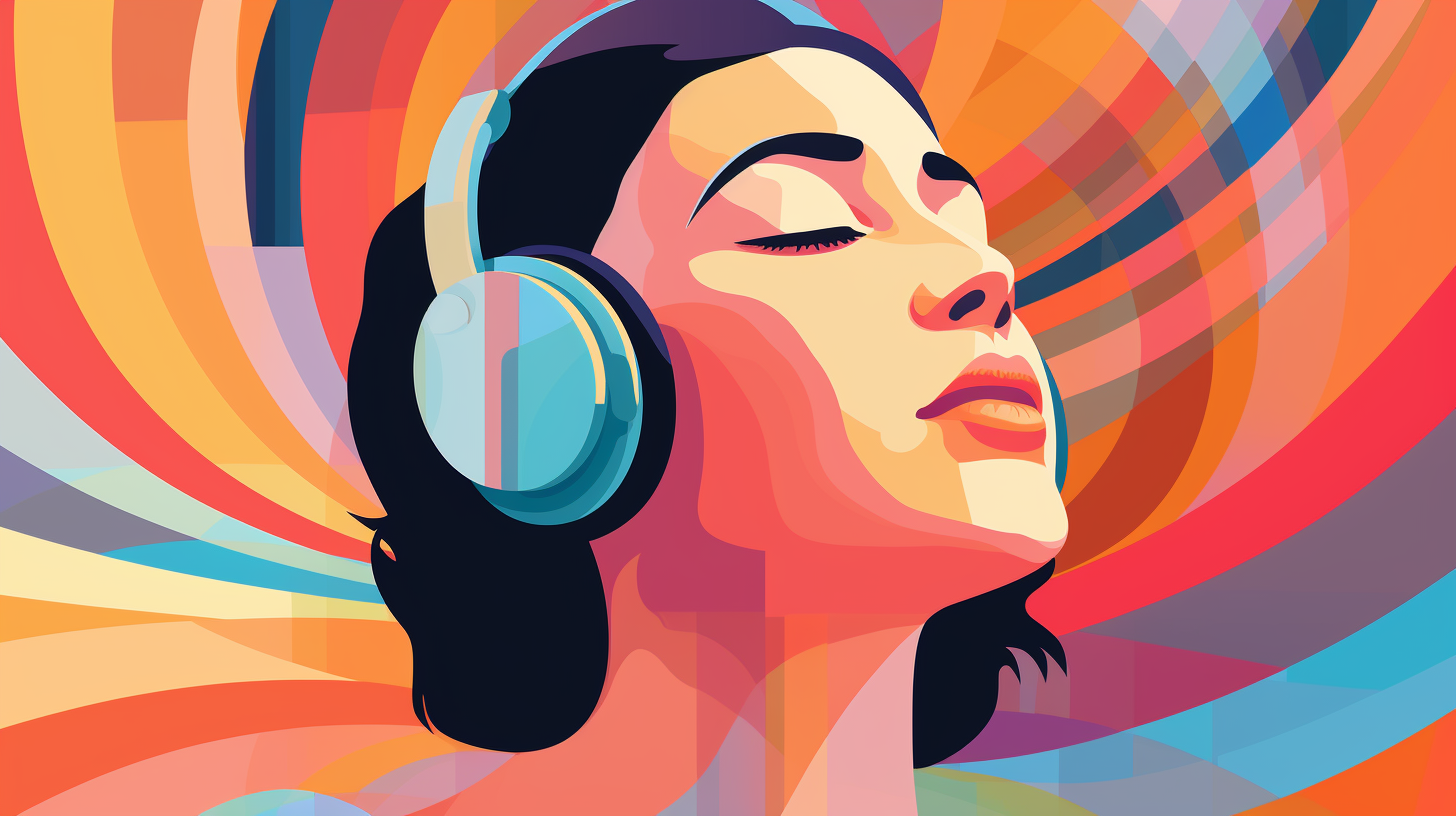 an illustration of a closeup of a woman wearing headphones