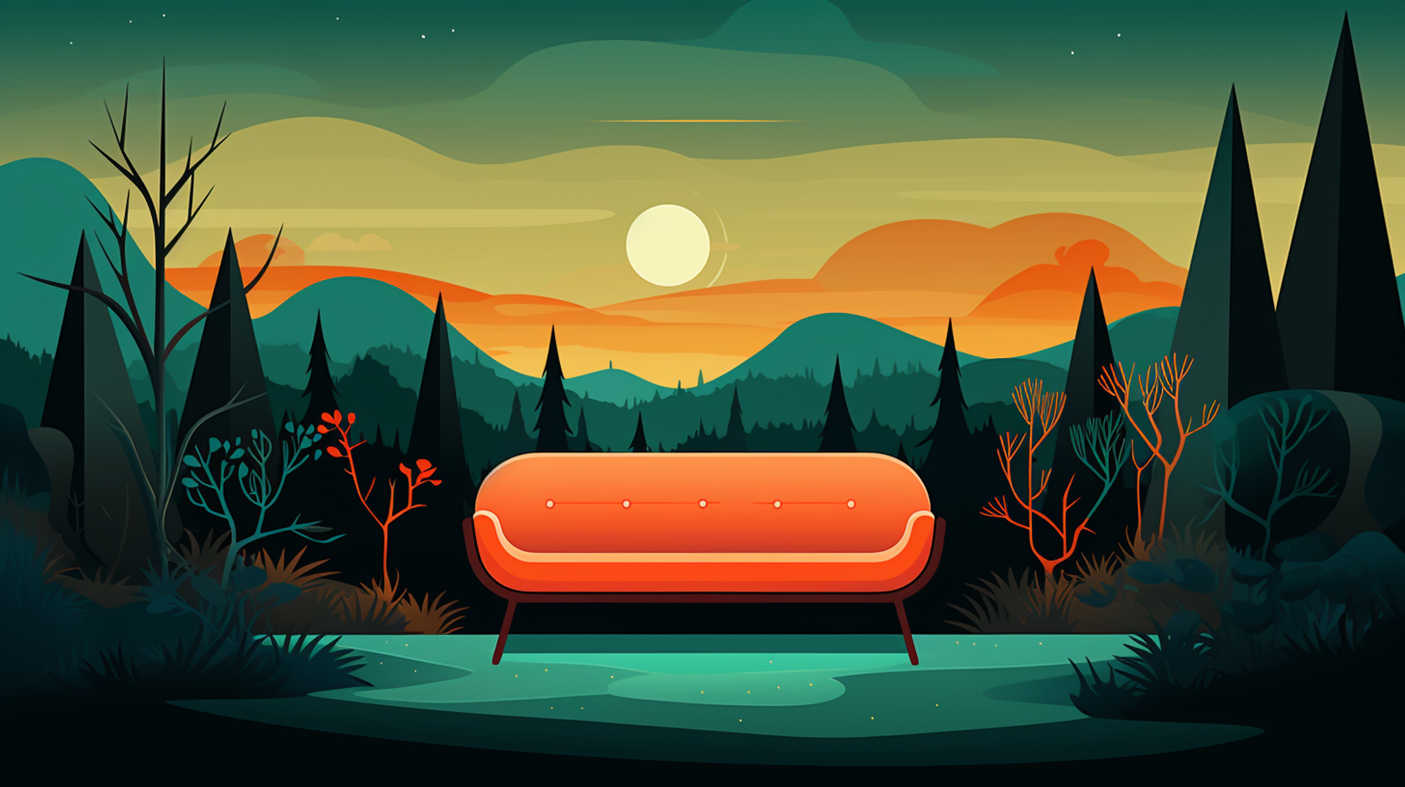an illustration of the sunset in a forest, with a comfortable couch in the middle.