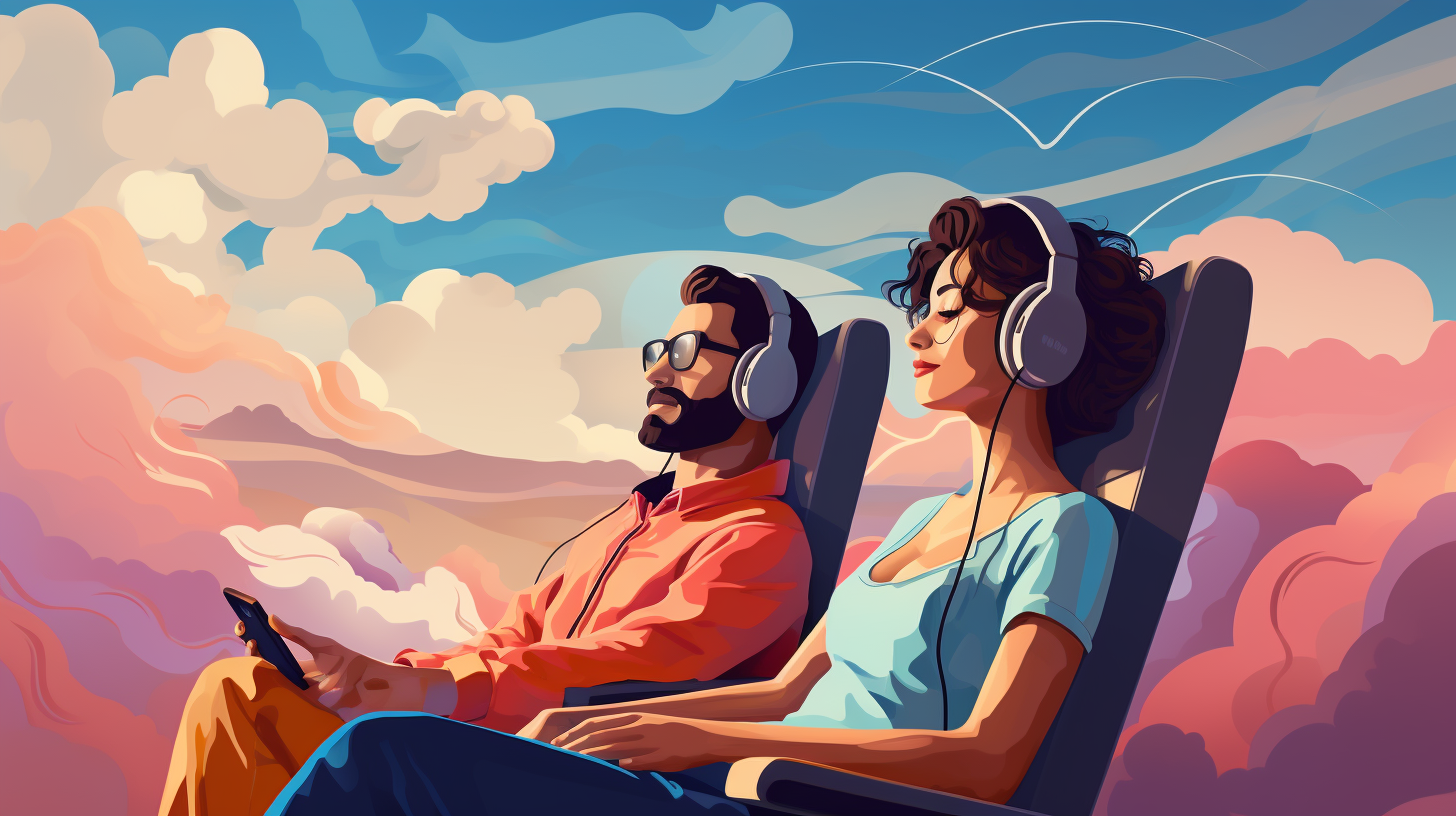 an illustration of a man and a woman sitting relaxed, wearing headphones, they sit in a surreal and relaxing background of the sky and clouds.