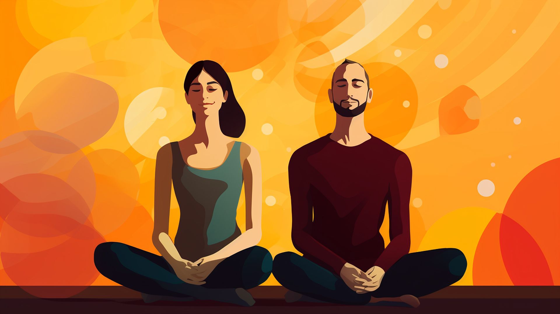 a man and woman sitting next to each other in meditative pose