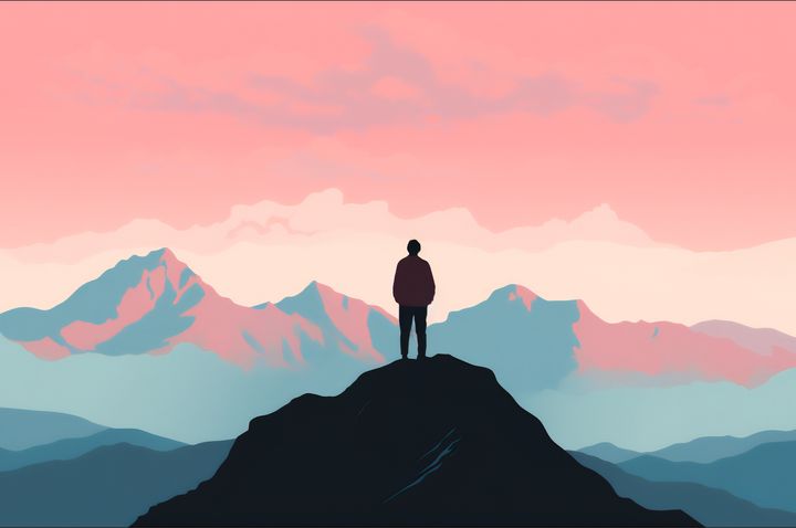 a figure of a man on a mountain top, he looks into the majestic horizon.