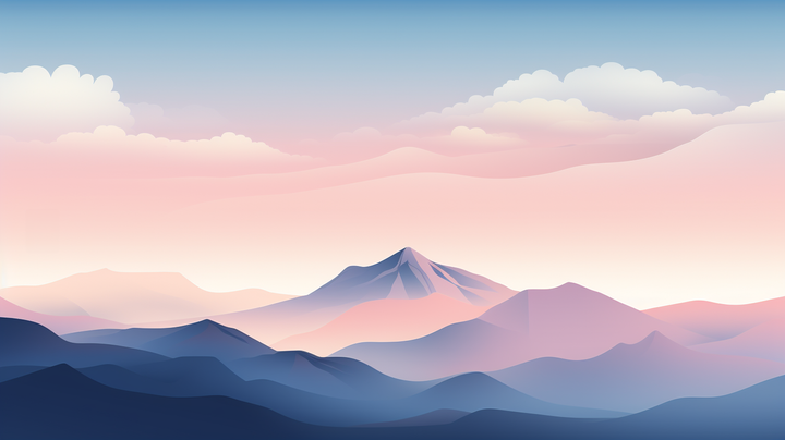 an illustration of calm mountain ranges with a single tall peak in the horizon