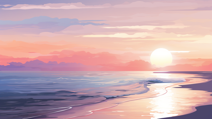 an illustration of a beach line during sunset mountains and sun in the horizon. orange, purple and blue hues.